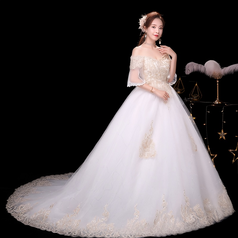 One shoulder wedding dress 2025 new bride trailing temperament small forest style French light wedding dress super fairy simple