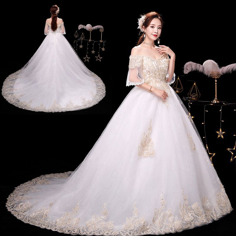 One shoulder wedding dress 2025 new bride trailing temperament small forest style French light wedding dress super fairy simple