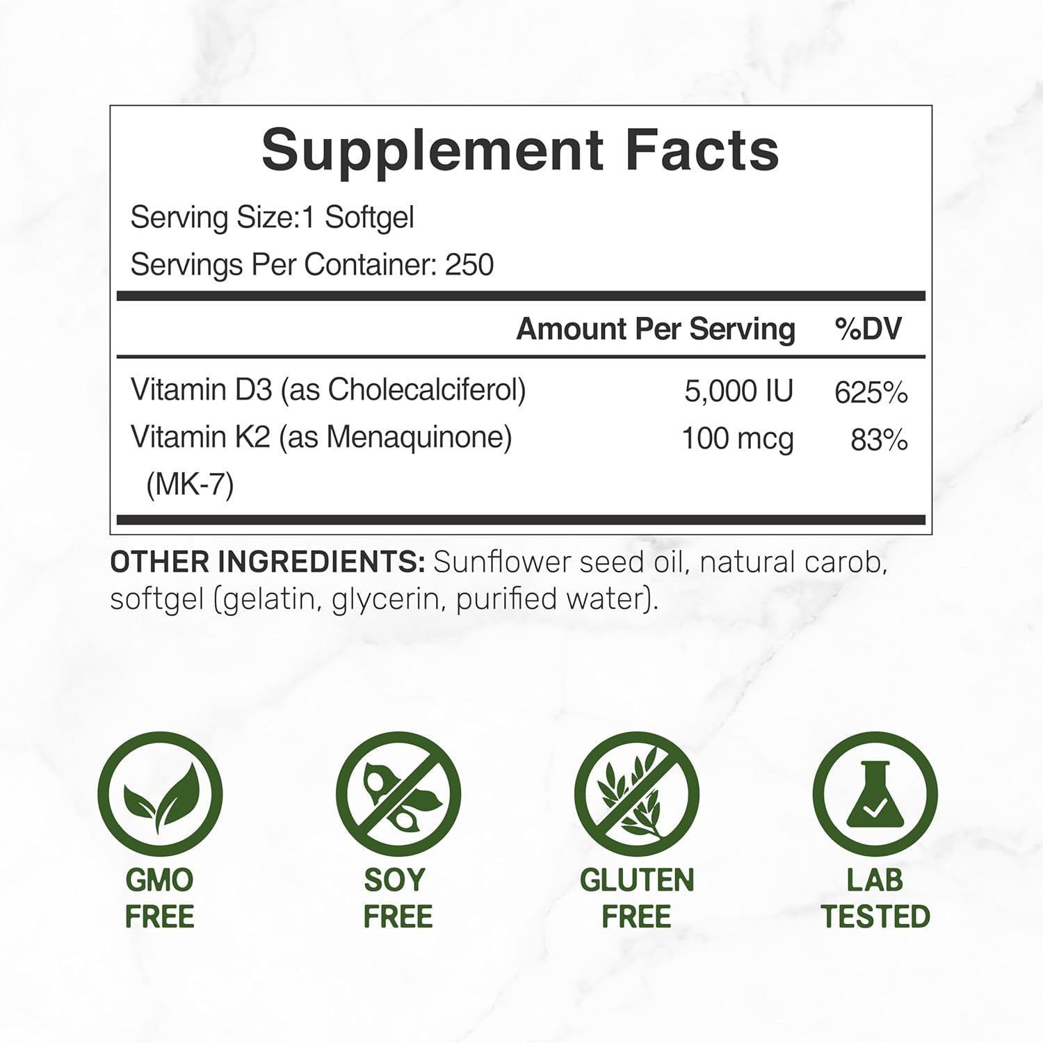 D3+K2 Vitamin 2-in-1 Virgin Coconut Oil Complex Supplement Softgels (250-Count)  D3+K2 Vitamin 2-in-1 Virgin Coconut Oil Complex Supplement Softgels (250-Count)