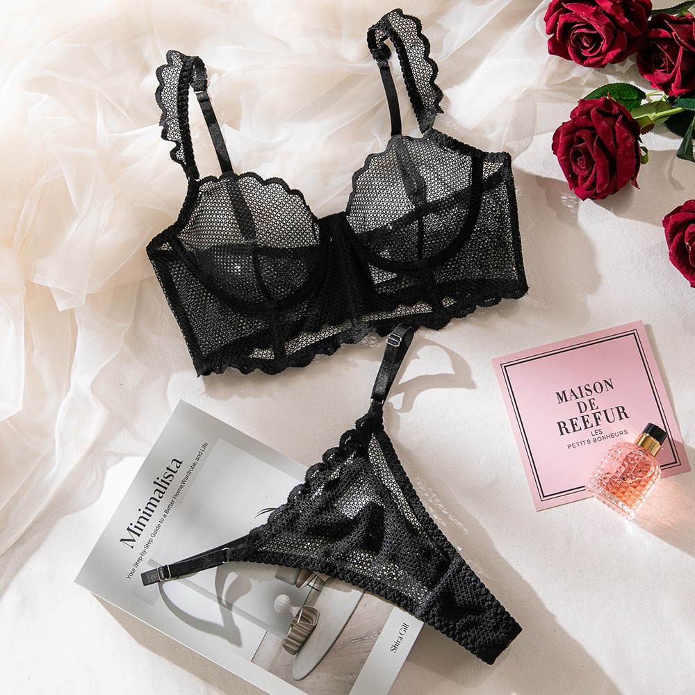 European and American new style ruffled shoulder straps, see-through mesh steel ring push-up ladies underwear, sexy bra two-piece set