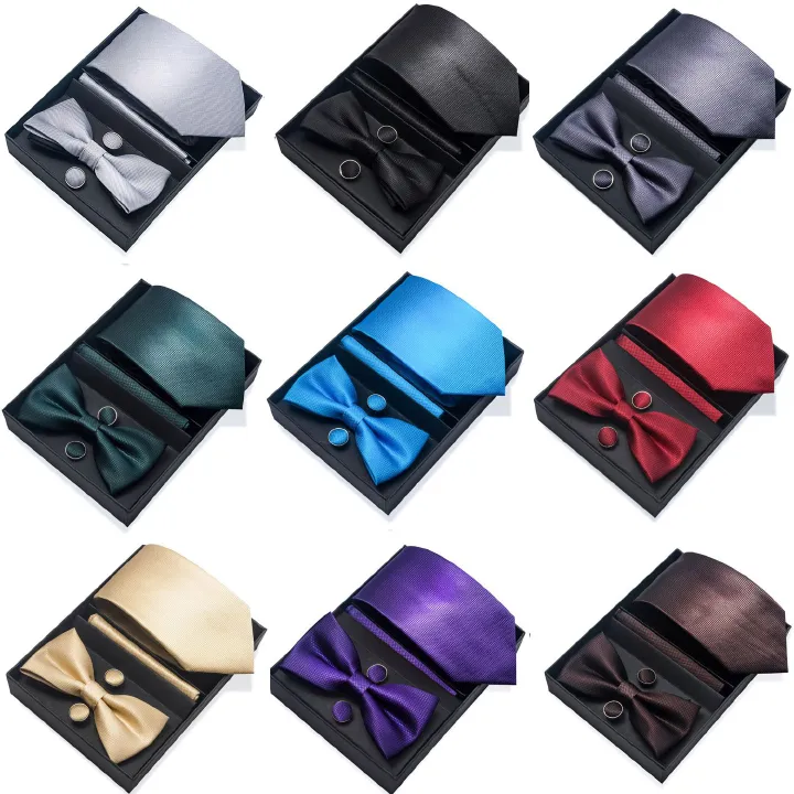 Men's polyester bow tie square scarf cufflinks tie set 60 colors wedding groomsmen professional business ties for men
