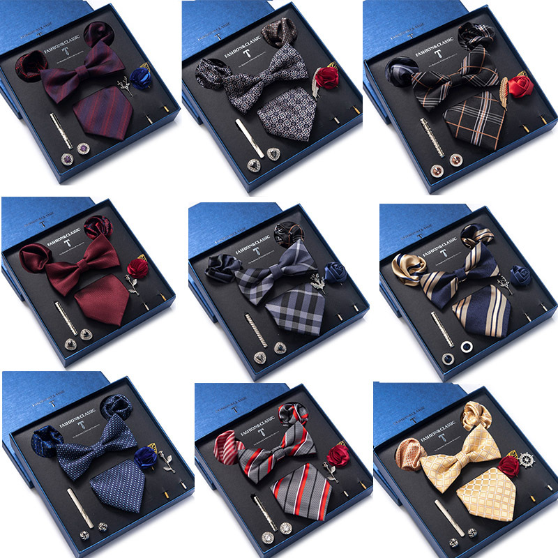 Tie set, bow tie, men's accessories, 8-piece set, corsage, brooch, cufflinks, formal suit, wedding