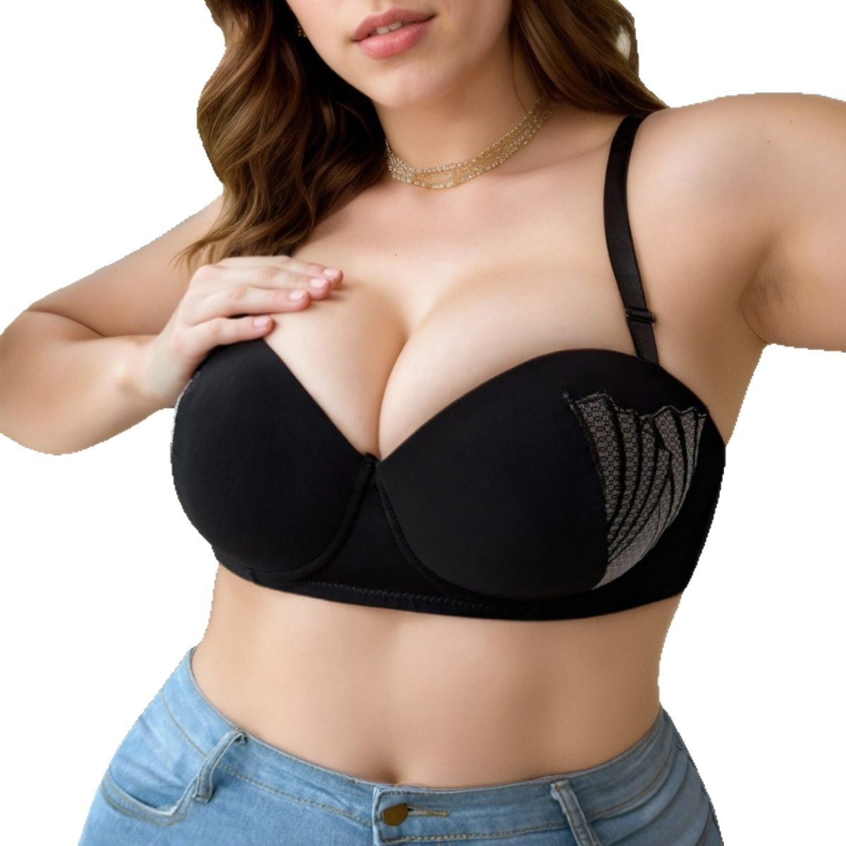 Underwear large size push-up bra black pure desire spaghetti straps anti-sagging round breast seamless bra