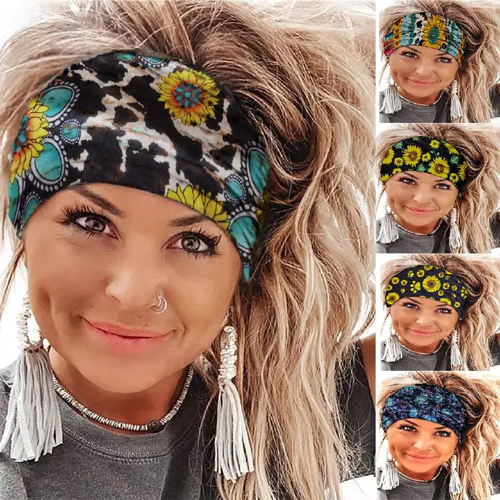 Headscarf for sun protection, new European and American style, printed wide-brimmed knotted hairband, sports headband, elastic hair tie, hair accessory