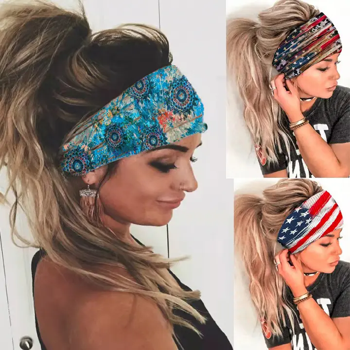 Headscarf women's new summer fashion printed elastic sports headband, yoga wide headband, silk hair tie