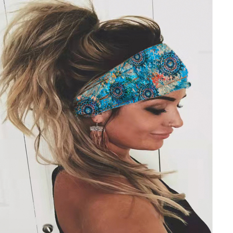 Headscarf women's new summer fashion printed elastic sports headband, yoga wide headband, silk hair tie