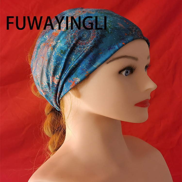 Headscarf women's new summer fashion printed elastic sports headband, yoga wide headband, silk hair tie