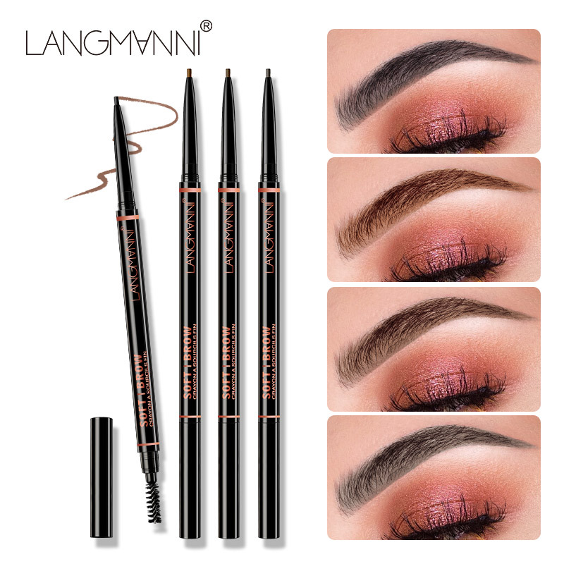 Langmanni double-head rotatable eyebrow pencil square water 1.5mm fine wild eyebrow pencil with eyebrow brush easy to color