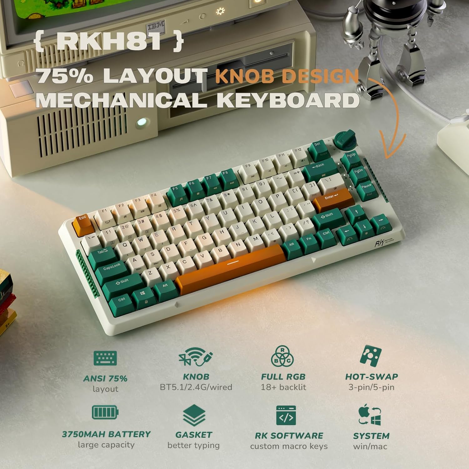 Royal Kludge RK H81 Mechanical Keyboard | 75% RGB Wireless Bluetooth 5.1/2.4G/USB-C | Hot-Swappable Gasket Mount | Knob Control Gaming Keyboard