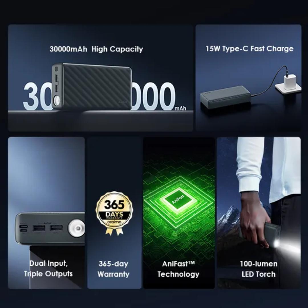 Oraimo OPB-1301 PowerBox 300 Lit 15W Portable Powerbank with 3 Outputs & LED Torch-30,000mAh