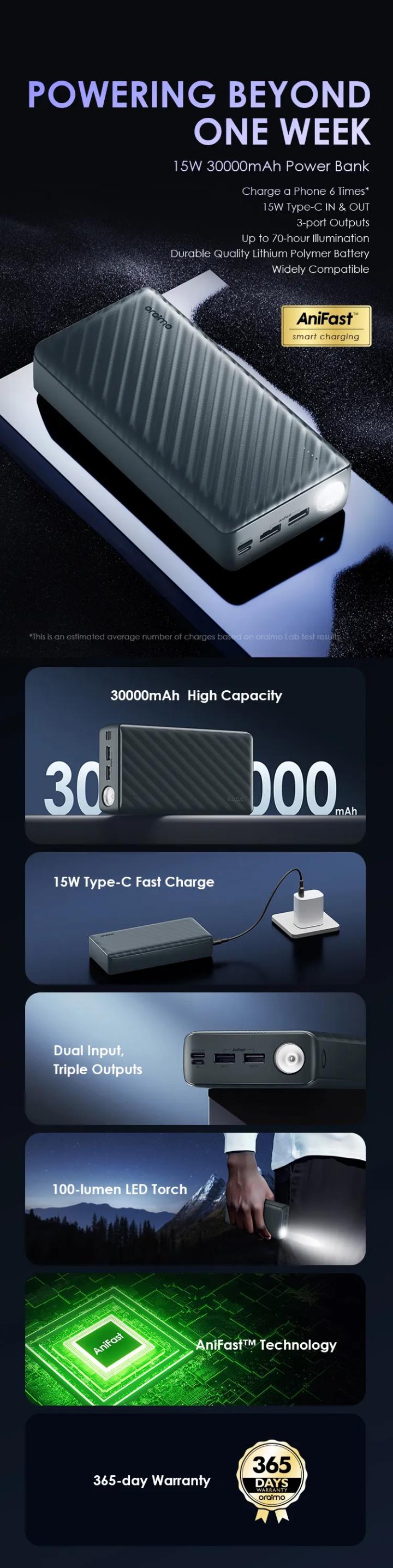 Oraimo OPB-1301 PowerBox 300 Lit 15W Portable Powerbank with 3 Outputs & LED Torch-30,000mAh