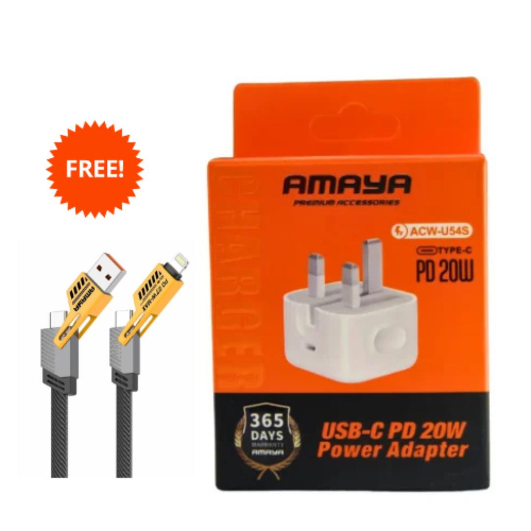 Amaya ACW-U54S USB Type C 20W Foldable Fast Charging Power Adapter + Free 4 in 1 Free Data Cable