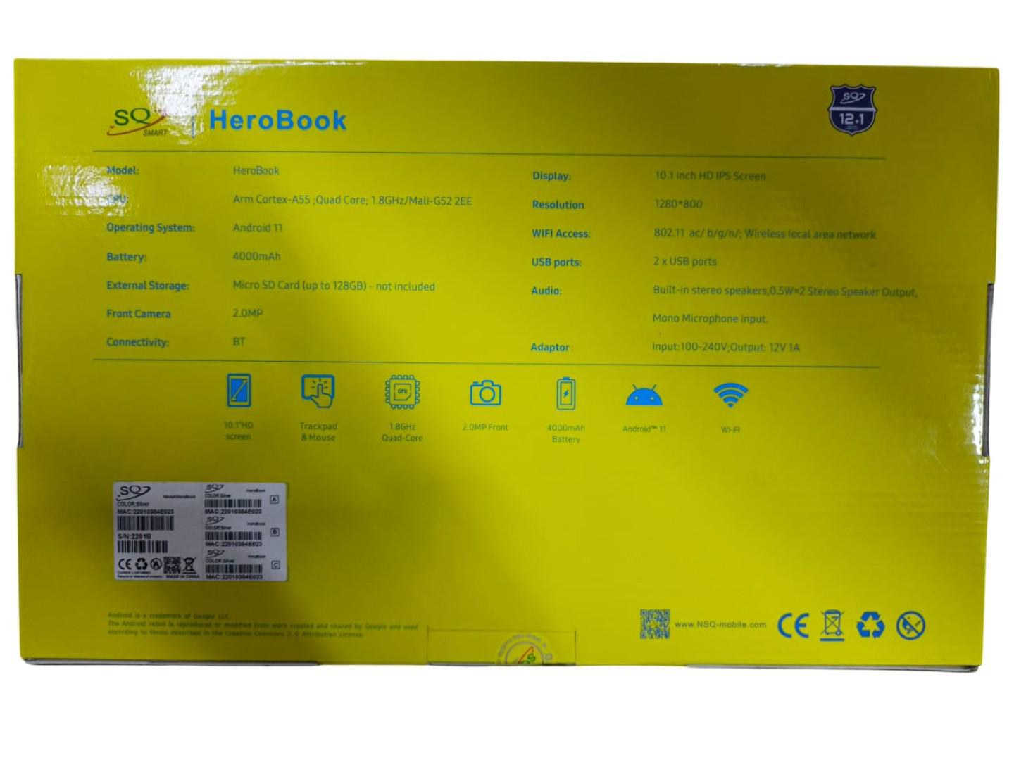 SQ HeroBook 10.1" Display 128GB+4GB RAM Quad Core 1.8GHz Processor 2 x USB Ports 2MP Android 11 4000mAh -Silver + Free Gifts (1 Year WRTY)