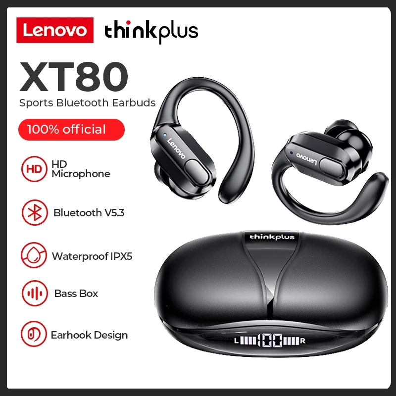 Lenovo Thinkplus XT80 Bluetooth Earbuds – Sports Wireless Headphones with Deep Bass Sound, IPX5 Waterproof, Noise Reduction Mic, LED Power Display, 30 Hours Playtime for Gym, Travel & Daily Use