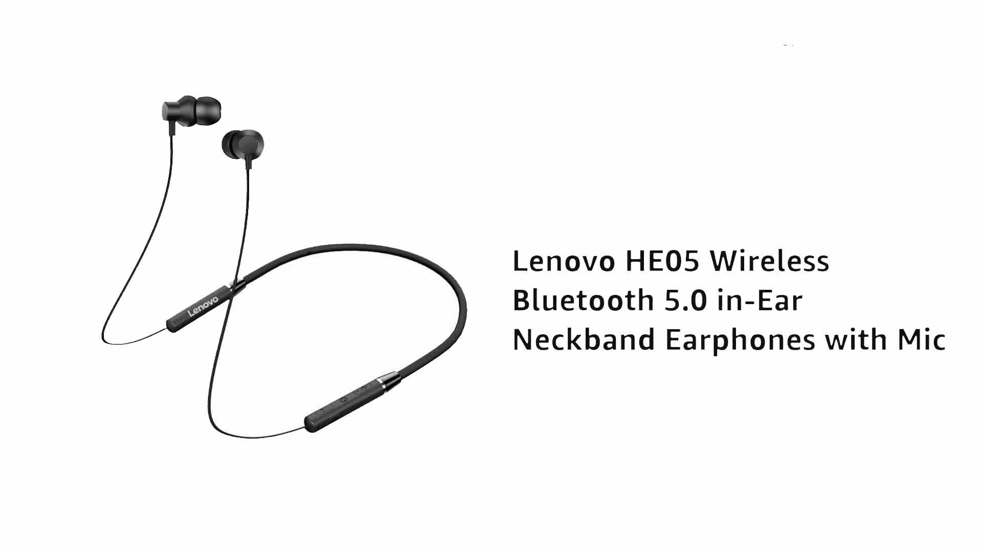 Lenovo HE05 Wireless Bluetooth 5.0 Neckband Earphones with Magnetic Earbuds, Deep Bass Stereo Sound, Noise Cancelling Microphone, IPX6 Waterproof Sports Earphones, 8 Hours Long Battery Life.
