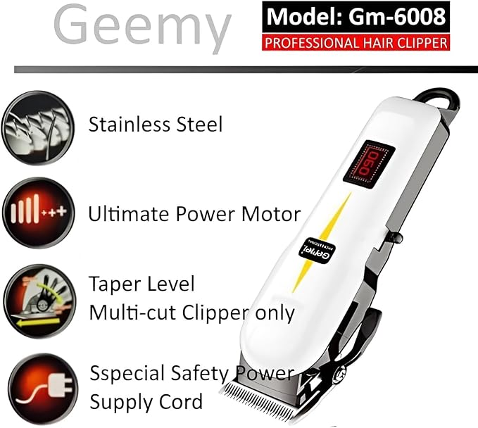Geemy Professional Cordless Rechargeable Hair Trimmer Clipper Shaving Machine Kinyozi With Battery LCD Display