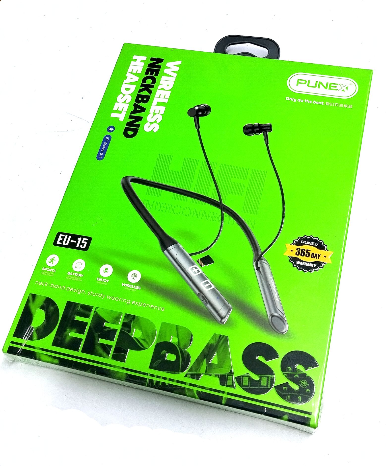 Punex EU-15 DeepBass Bluetooth Wireless 5.4 Neckband Headset Earphones with HD Mic & TF Card Support