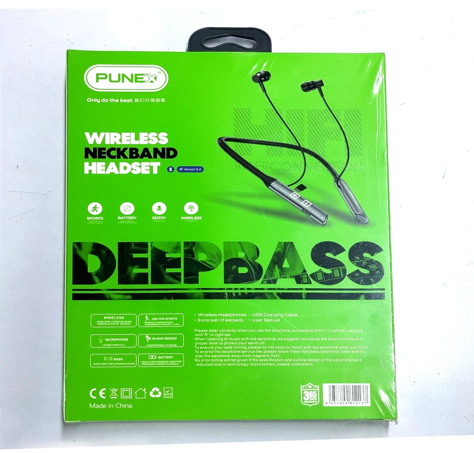 Punex EU-15 DeepBass Bluetooth Wireless 5.4 Neckband Headset Earphones with HD Mic & TF Card Support