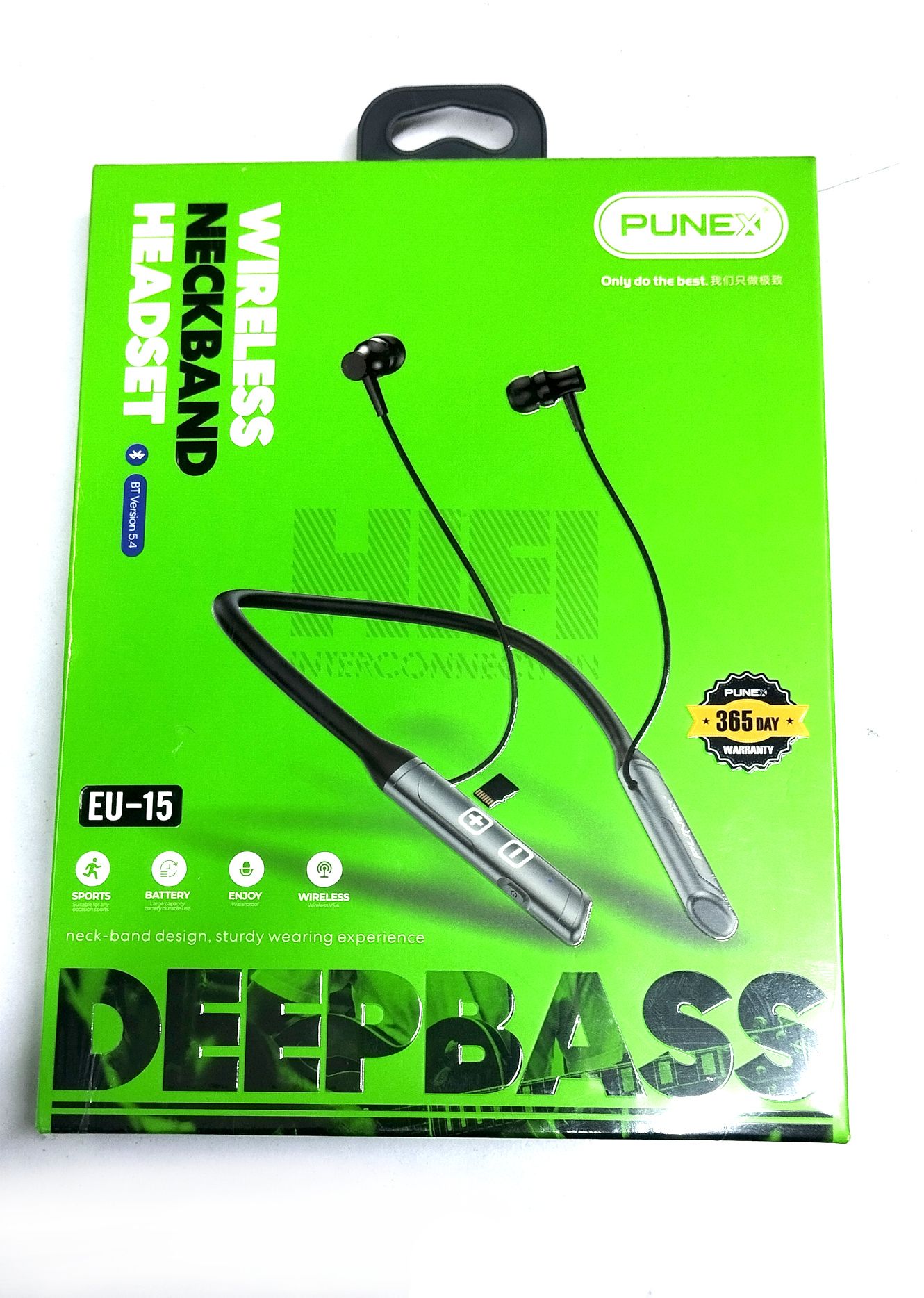 Punex EU-15 DeepBass Bluetooth Wireless 5.4 Neckband Headset Earphones with HD Mic & TF Card Support