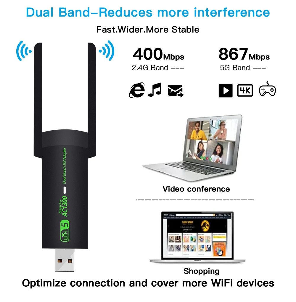 1300Mbps WiFi USB Adapter Dual Band 2.4G/5Ghz Wi-Fi Dongle 802.11AC Powerful Antenna Wireless Receiver For PC/Laptop Driver Free