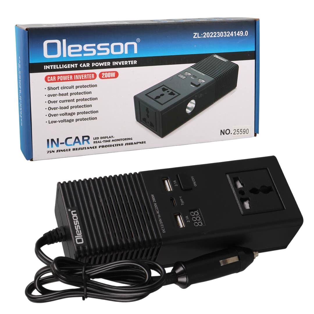 Olesson1665 Car Power Inverter 200W Power Socket Car Cigarette Lighter Charger 12V to 220V Car Inverter Dual USB with Type C Charging Ports