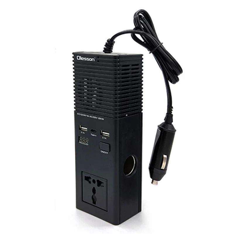 Olesson1665 Car Power Inverter 200W Power Socket Car Cigarette Lighter Charger 12V to 220V Car Inverter Dual USB with Type C Charging Ports
