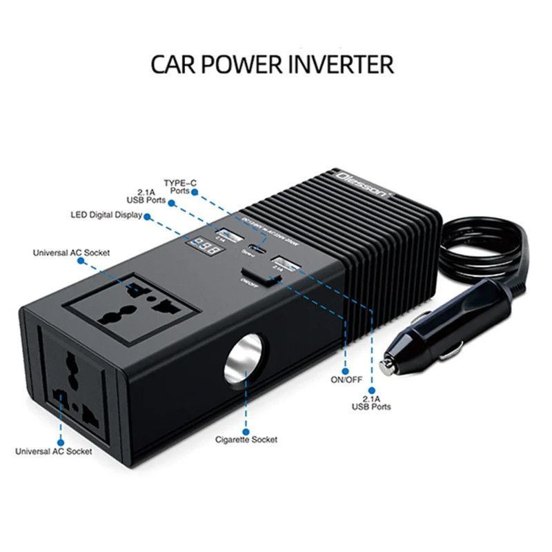 Olesson1665 Car Power Inverter 200W Power Socket Car Cigarette Lighter Charger 12V to 220V Car Inverter Dual USB with Type C Charging Ports
