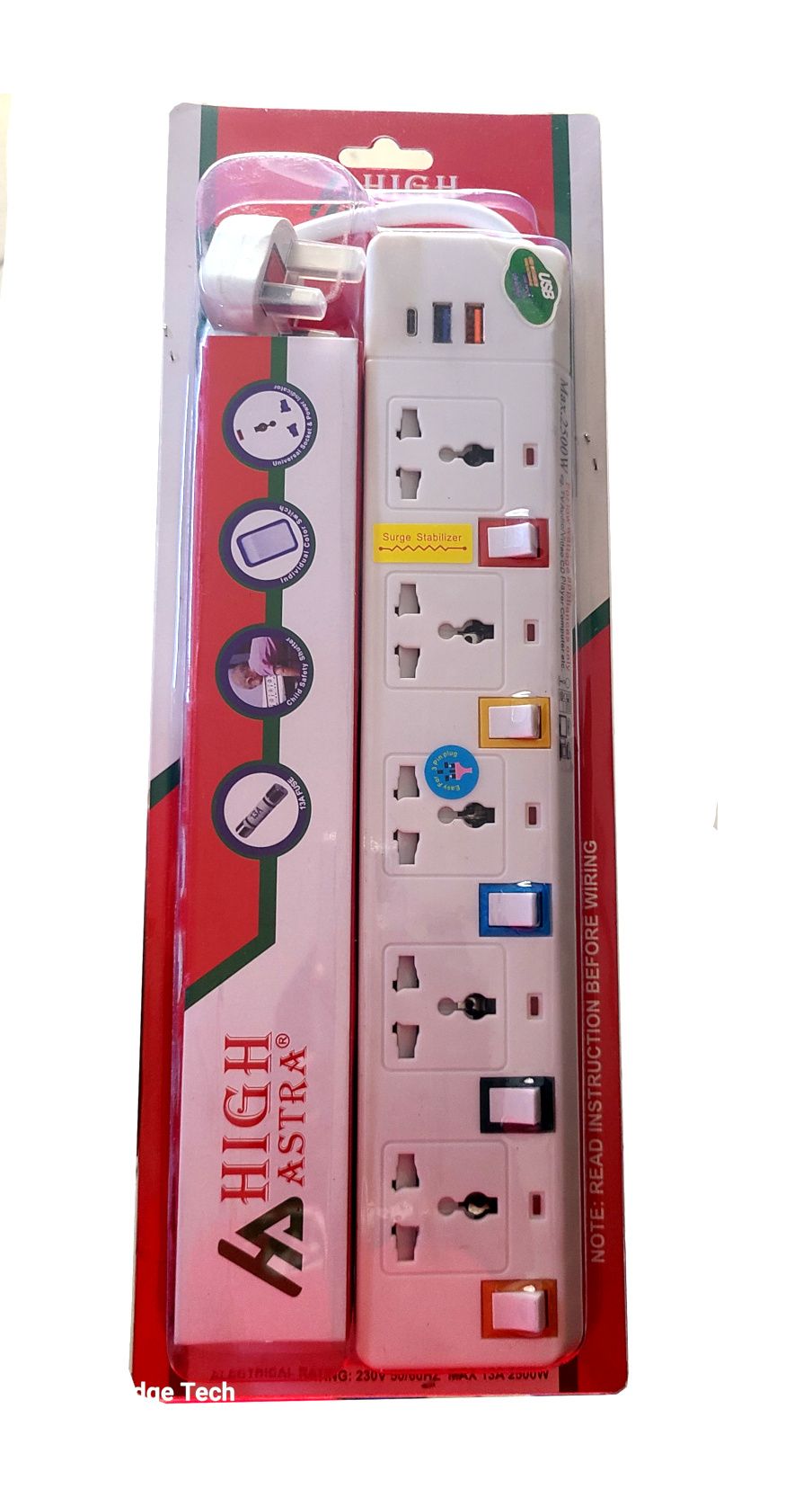 High Astra 5-Way Socket Power Extension Cable with 2 USB Charging Ports