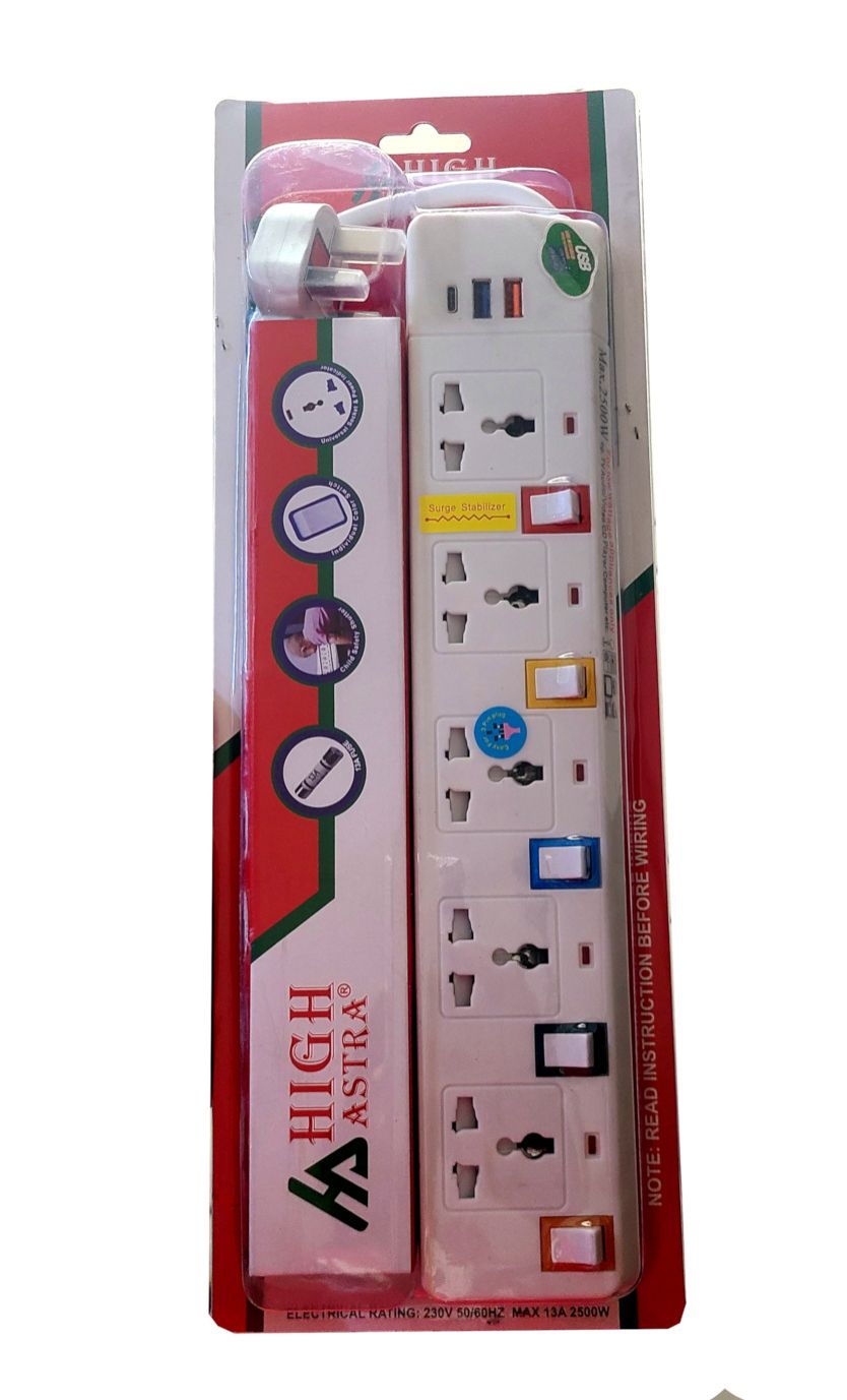 High Astra 5-Way Socket Power Extension Cable with 2 USB Charging Ports