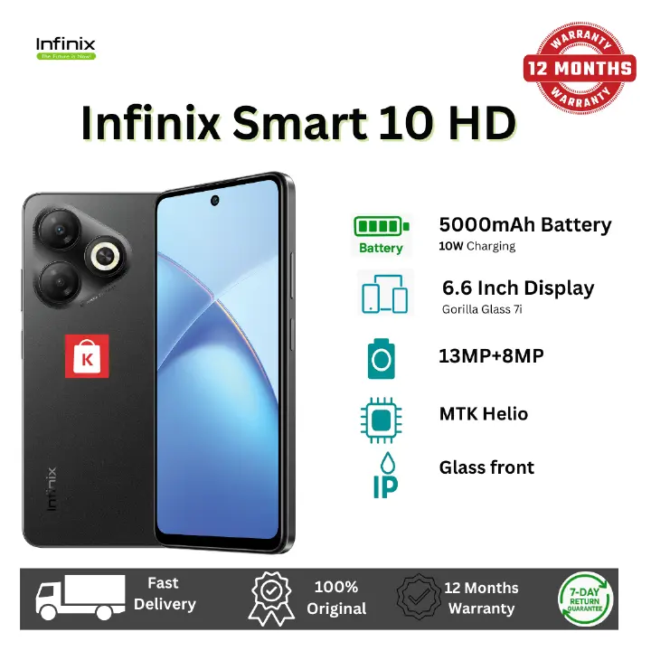 [New Arrival] Infinix Smart 10HD 64GB+4(2+2)GB 6.6" 90Hz IPS LCD Display 13MP Rear+8MP Front Camera 5000mAh Battery Dual SIM 10W Fast Charging Fingerprint Unlock Android Smart 10 HD Smartphone