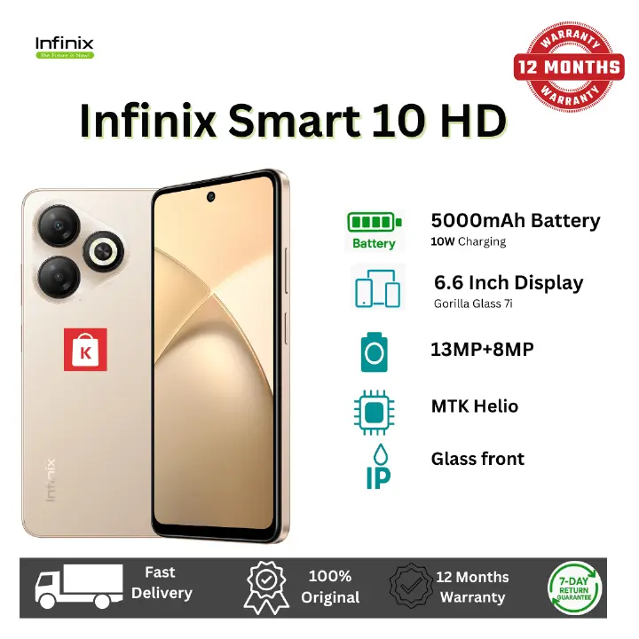 [New Arrival] Infinix Smart 10HD 64GB+4(2+2)GB 6.6" 90Hz IPS LCD Display 13MP Rear+8MP Front Camera 5000mAh Battery Dual SIM 10W Fast Charging Fingerprint Unlock Android Smart 10 HD Smartphone