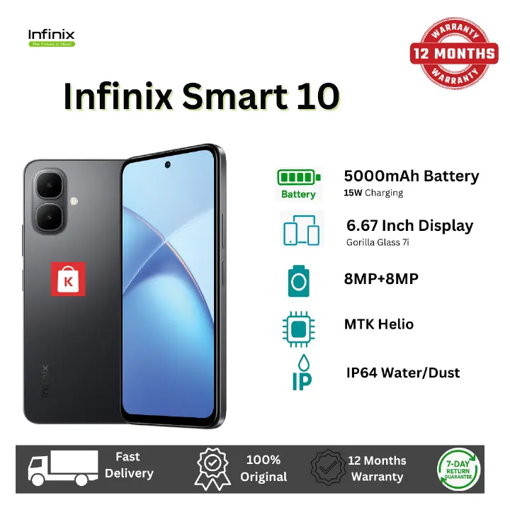 [New arrival] Infinix SMART 10 64GB + 8(4+4)GB 6.67" Display Brand New Phone Dual SIM 4G Network 5000mAh Battery With Type-C Charging 8MP Dual Camera Fingerprint Lock Android 15 Smartphones