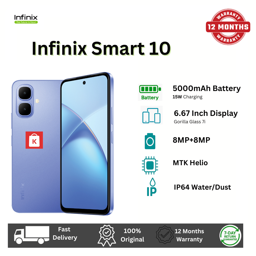 [New arrival] Infinix SMART 10 64GB + 8(4+4)GB 6.67" Display Brand New Phone Dual SIM 4G Network 5000mAh Battery With Type-C Charging 8MP Dual Camera Fingerprint Lock Android 15 Smartphones