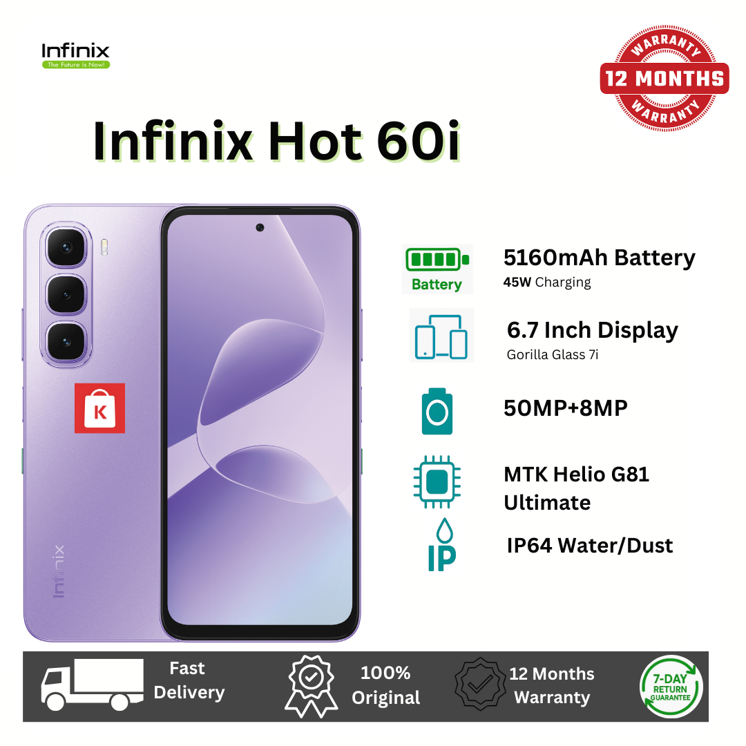 [New Arrival] Infinix Hot 60i 256GB+8GB 6.7" IPS LCD 120Hz Display 50MP Camera 5160mAh Battery 45W Fast Charging IP64 Dust/Water Resistant Dual SIM MTK Helio G81 Ultimate Bypass Charging AI Smartphone