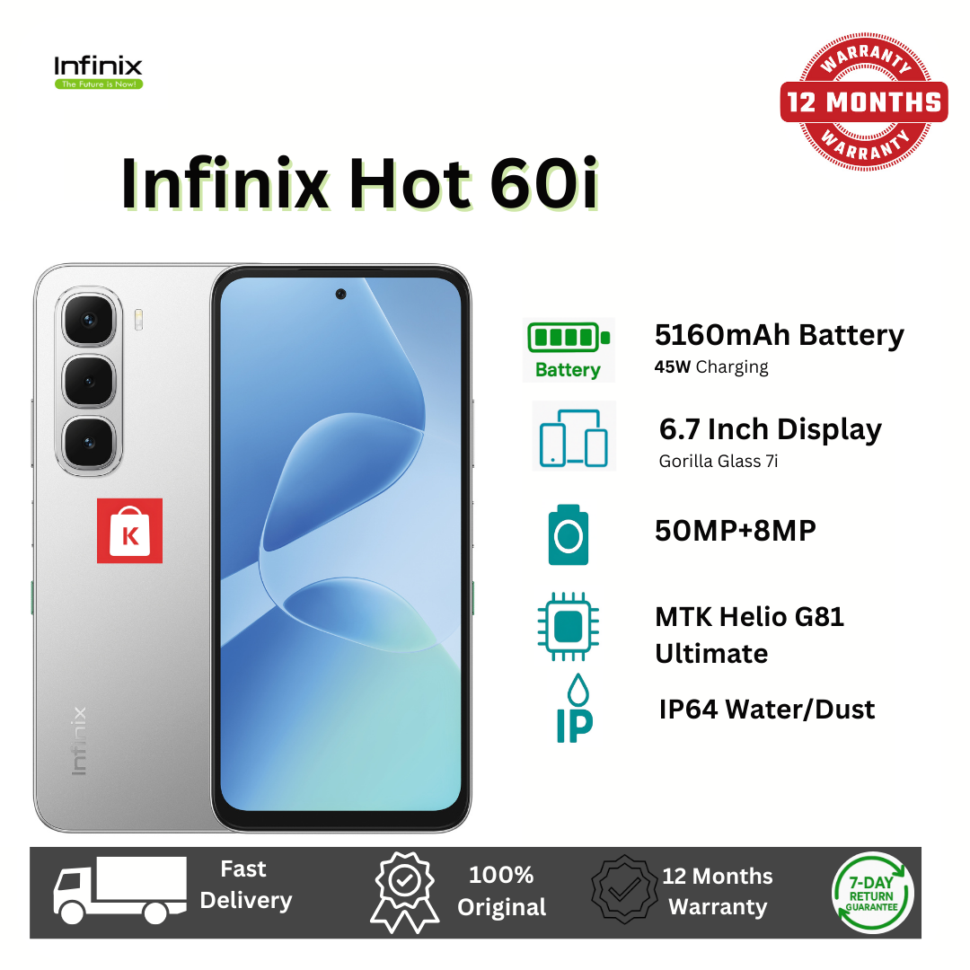 [New Arrival] Infinix Hot 60i 256GB+8GB 6.7" IPS LCD 120Hz Display 50MP Camera 5160mAh Battery 45W Fast Charging IP64 Dust/Water Resistant Dual SIM MTK Helio G81 Ultimate Bypass Charging AI Smartphone