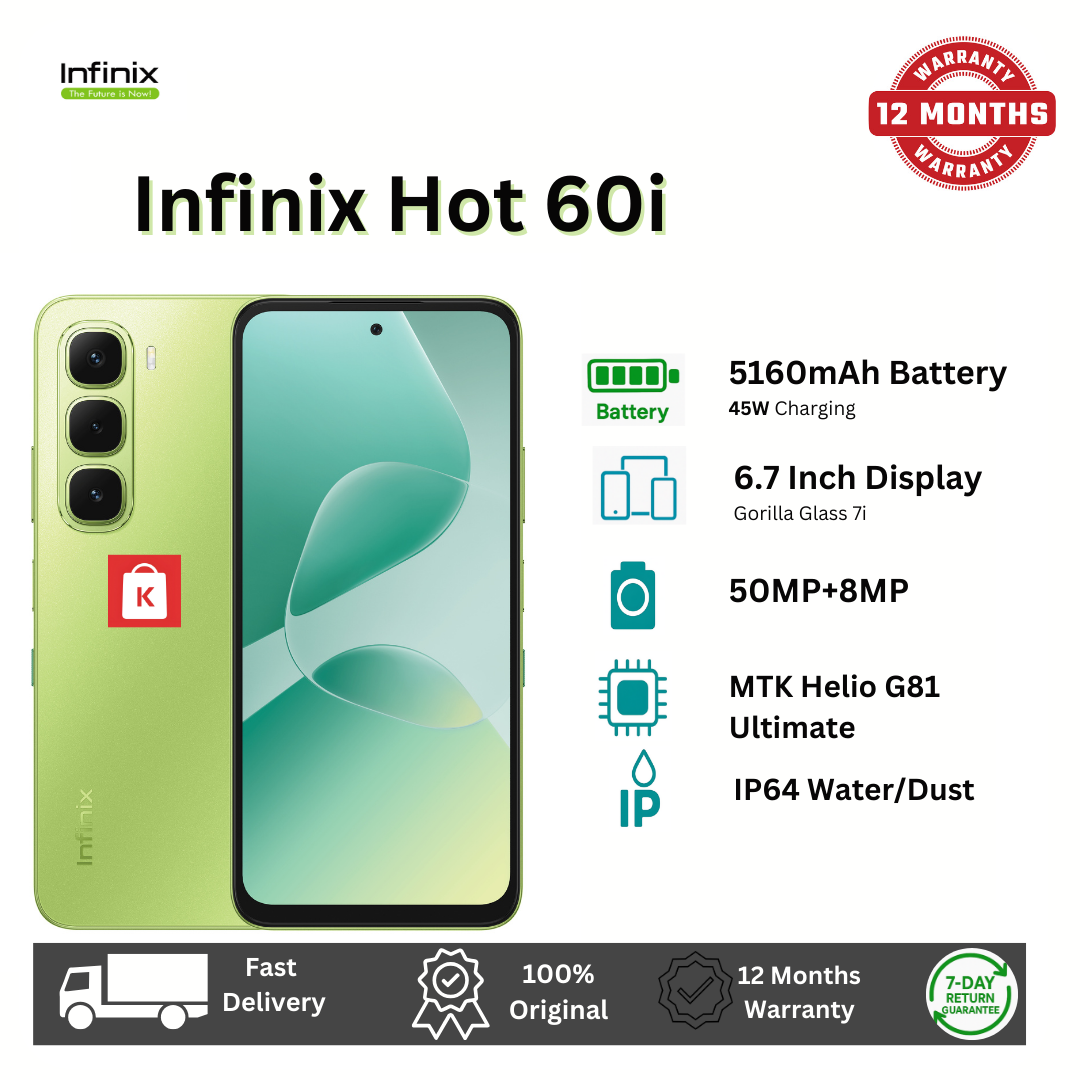 [New Arrival] Infinix Hot 60i 256GB+8GB 6.7" IPS LCD 120Hz Display 50MP Camera 5160mAh Battery 45W Fast Charging IP64 Dust/Water Resistant Dual SIM MTK Helio G81 Ultimate Bypass Charging AI Smartphone