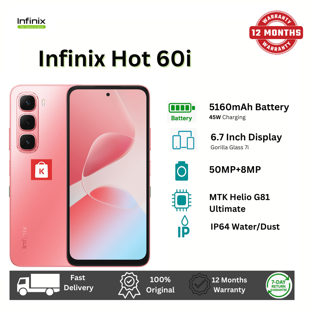 [New Arrival] Infinix Hot 60i 256GB+8GB 6.7" IPS LCD 120Hz Display 50MP Camera 5160mAh Battery 45W Fast Charging IP64 Dust/Water Resistant Dual SIM MTK Helio G81 Ultimate Bypass Charging AI Smartphone