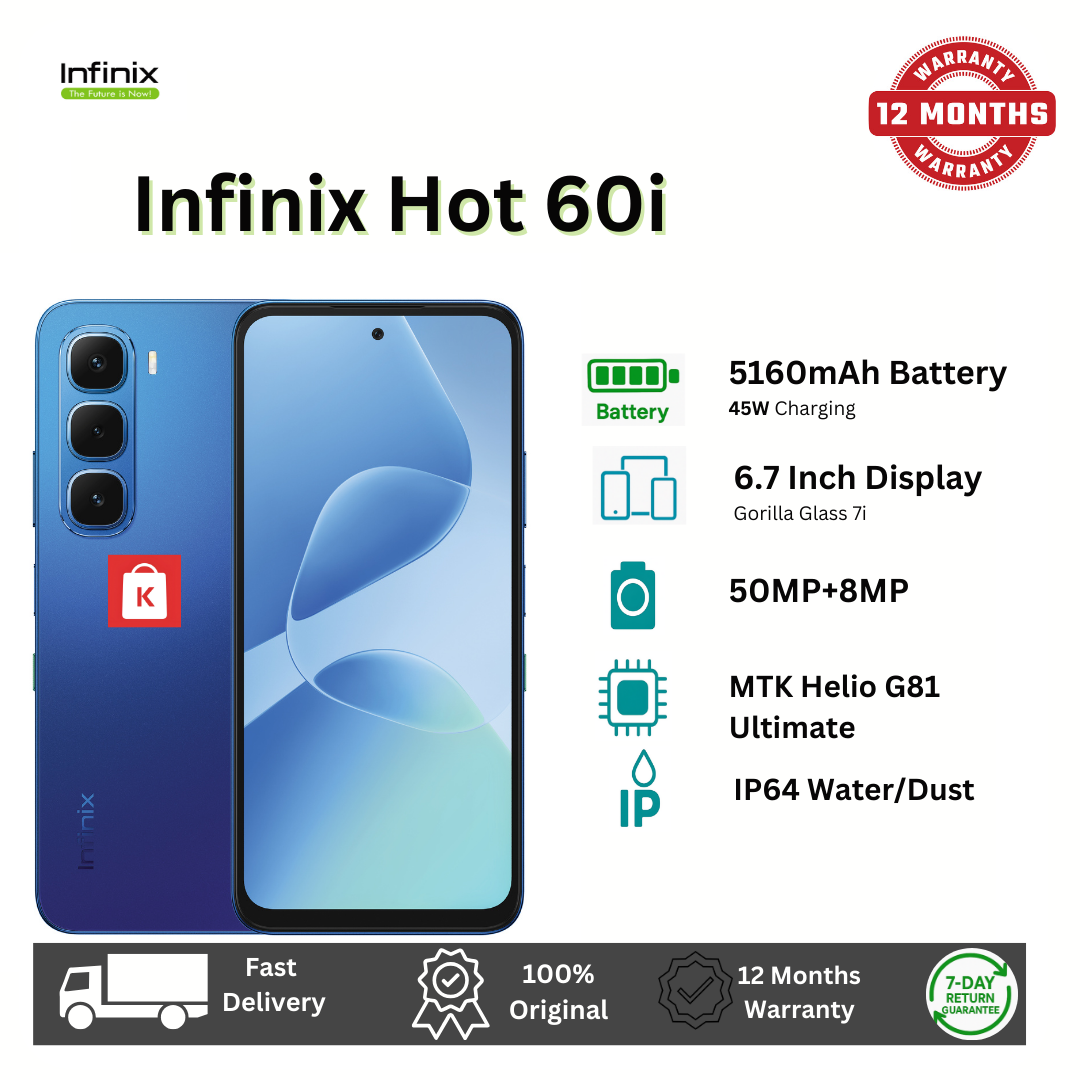 [New Arrival] Infinix Hot 60i 256GB+8GB 6.7" IPS LCD 120Hz Display 50MP Camera 5160mAh Battery 45W Fast Charging IP64 Dust/Water Resistant Dual SIM MTK Helio G81 Ultimate Bypass Charging AI Smartphone