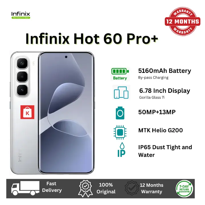 [New Arrival] Infinix Hot 60 Pro Plus 128GB+16(8+8)GB 6.78" 144Hz Curved AMOLED Display 50+13MP Camera 5160mAh Battery 45W Fast Charging Corning Gorilla Glass 7i IP65 Infinix Hot 60 Pro+ AI Smartphone