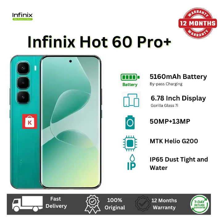 [New Arrival] Infinix Hot 60 Pro Plus 256GB+16(8+8)GB 6.78" 144Hz Curved AMOLED Display 50+13MP Camera 5160mAh Battery 45W Fast Charging Corning Gorilla Glass 7i IP65 Infinix Hot 60 Pro+ AI Smartphone