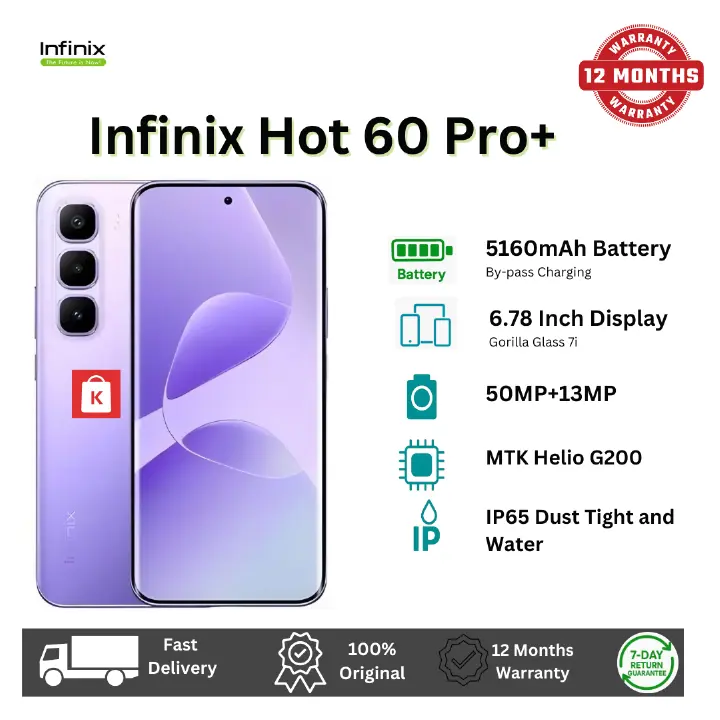 [New Arrival] Infinix Hot 60 Pro Plus 256GB+16(8+8)GB 6.78" 144Hz Curved AMOLED Display 50+13MP Camera 5160mAh Battery 45W Fast Charging Corning Gorilla Glass 7i IP65 Infinix Hot 60 Pro+ AI Smartphone
