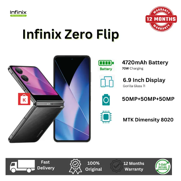 [Brand New] Infinix Zero Flip 5G 512GB ROM+8GB RAM 6.9" Foldable LTPO AMOLED 120Hz Display 50+50MP Camera MediaTek Dimensity 8020 4720mAh Battery 70W Fast Charge Flip Smart Phone
