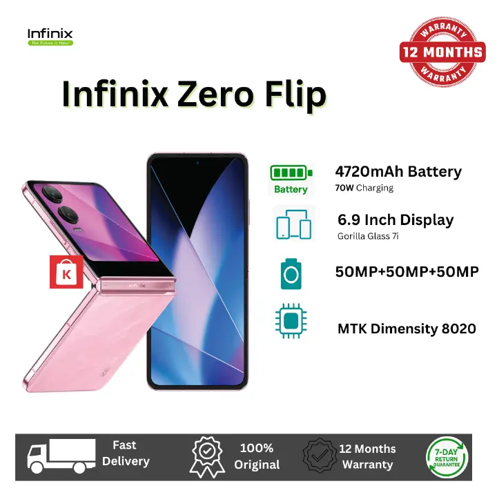 [Brand New] Infinix Zero Flip 5G 512GB ROM+8GB RAM 6.9" Foldable LTPO AMOLED 120Hz Display 50+50MP Camera MediaTek Dimensity 8020 4720mAh Battery 70W Fast Charge Flip Smart Phone