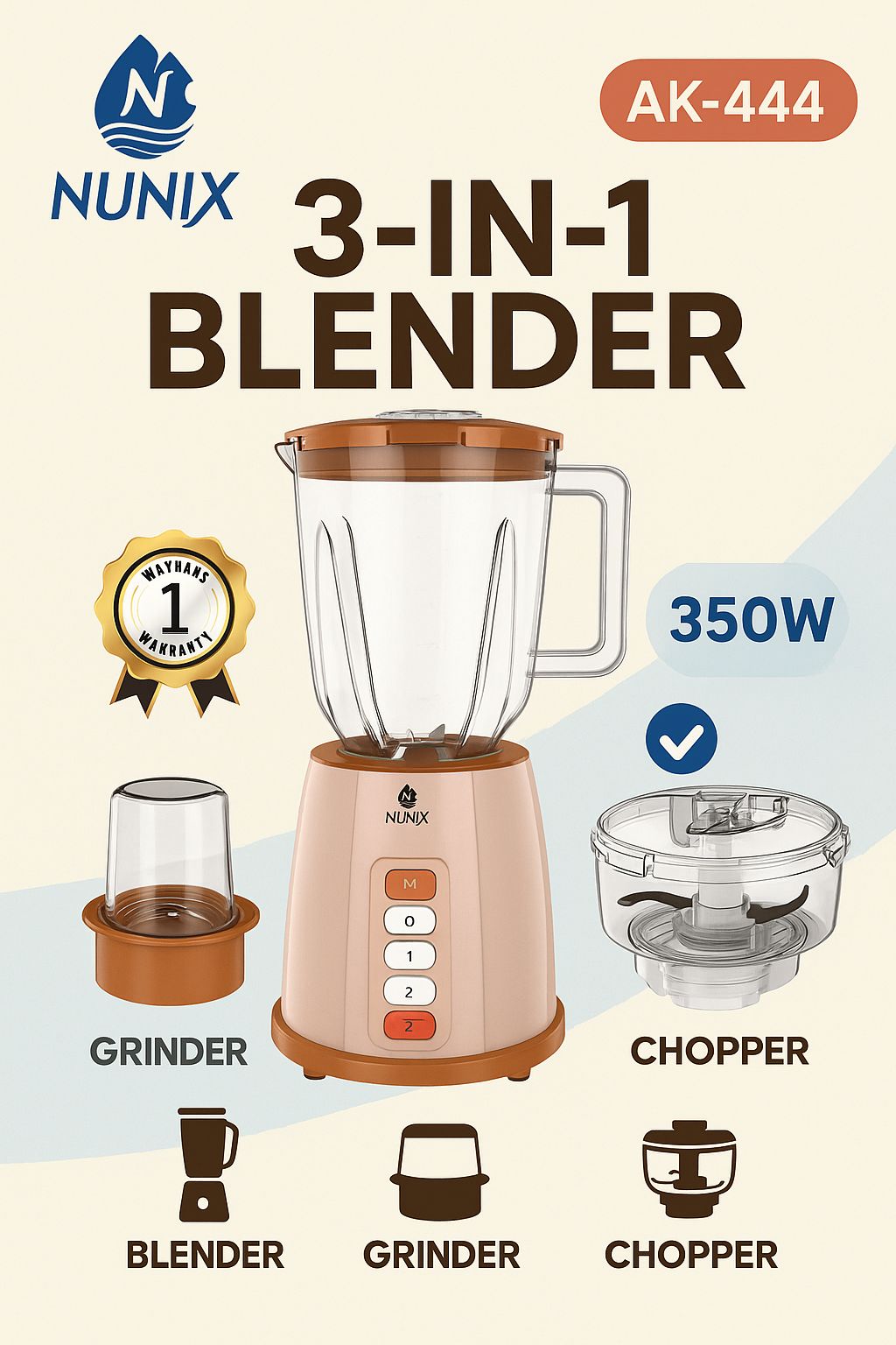 Nunix AK-444 3-in-1 Blender, Grinder & Chopper – 350W Multi-Function, 1 Year Warranty