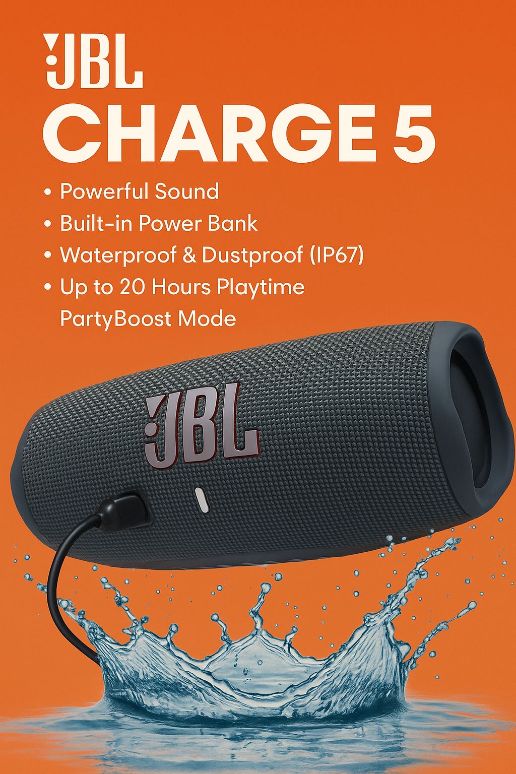 🔥 JBL Charge 5 Portable Bluetooth Speaker – Powerful JBL Pro Sound, Deep Bass, 20H Playtime, Waterproof & Dustproof IP67, Built-in Power Bank, PartyBoost Wireless Pairing 🔥