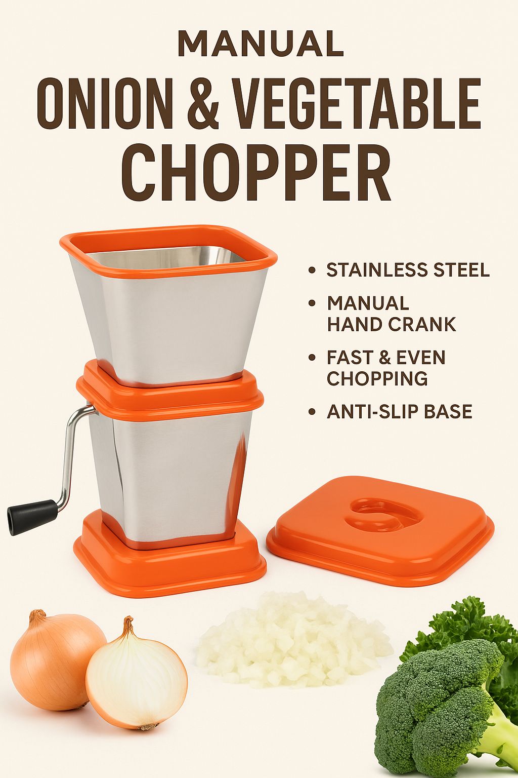 Stainless Steel Manual Onion & Vegetable Chopper – Heavy-Duty Hand Crank Cutter with Sharp Blades & Anti-Slip Base – Fast Slicer for Garlic, Carrots, Cabbage & More – Kitchen Must-Have