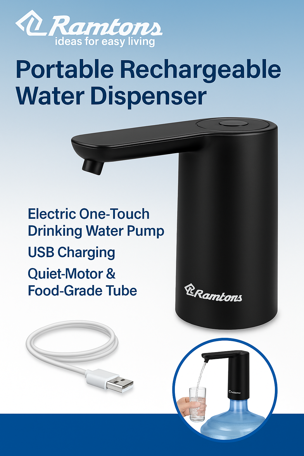 Portable Rechargeable Water Dispenser – Electric One-Touch Drinking Water Pump with USB Charging, Quiet Motor & Food-Grade Tube for Bottled Water, Home, Office & Outdoor Hydration