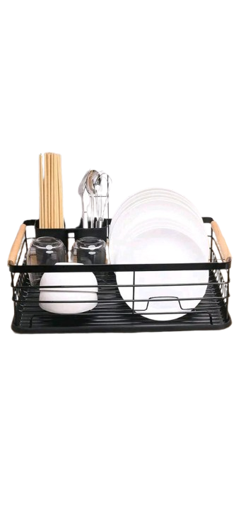 Advanced Black Dish Rack with Wooden Handles – Premium Single-Tier Kitchen Drying Rack with Utensil Holder & Drain Tray | Rust-Resistant, Space-Saving, Modern Steel Design for Plates, Cups & Bowls