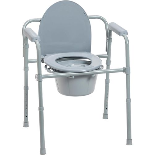 1 Folding Steel Bedside Commode Chair, Portable Toilet, Supports Individuals Weighing Up To 150Kg, with 7.5 Qt. Bucket and 13.5 Inch Seat, Grey1 Folding Steel Bedside Commode Chair, Portable Toilet, S