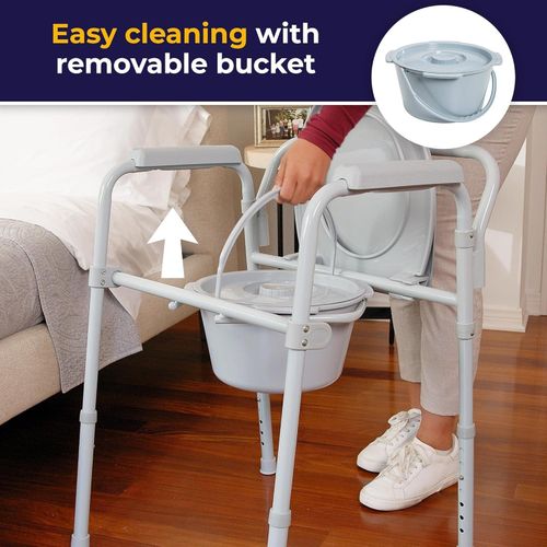 1 Folding Steel Bedside Commode Chair, Portable Toilet, Supports Individuals Weighing Up To 150Kg, with 7.5 Qt. Bucket and 13.5 Inch Seat, Grey1 Folding Steel Bedside Commode Chair, Portable Toilet, S